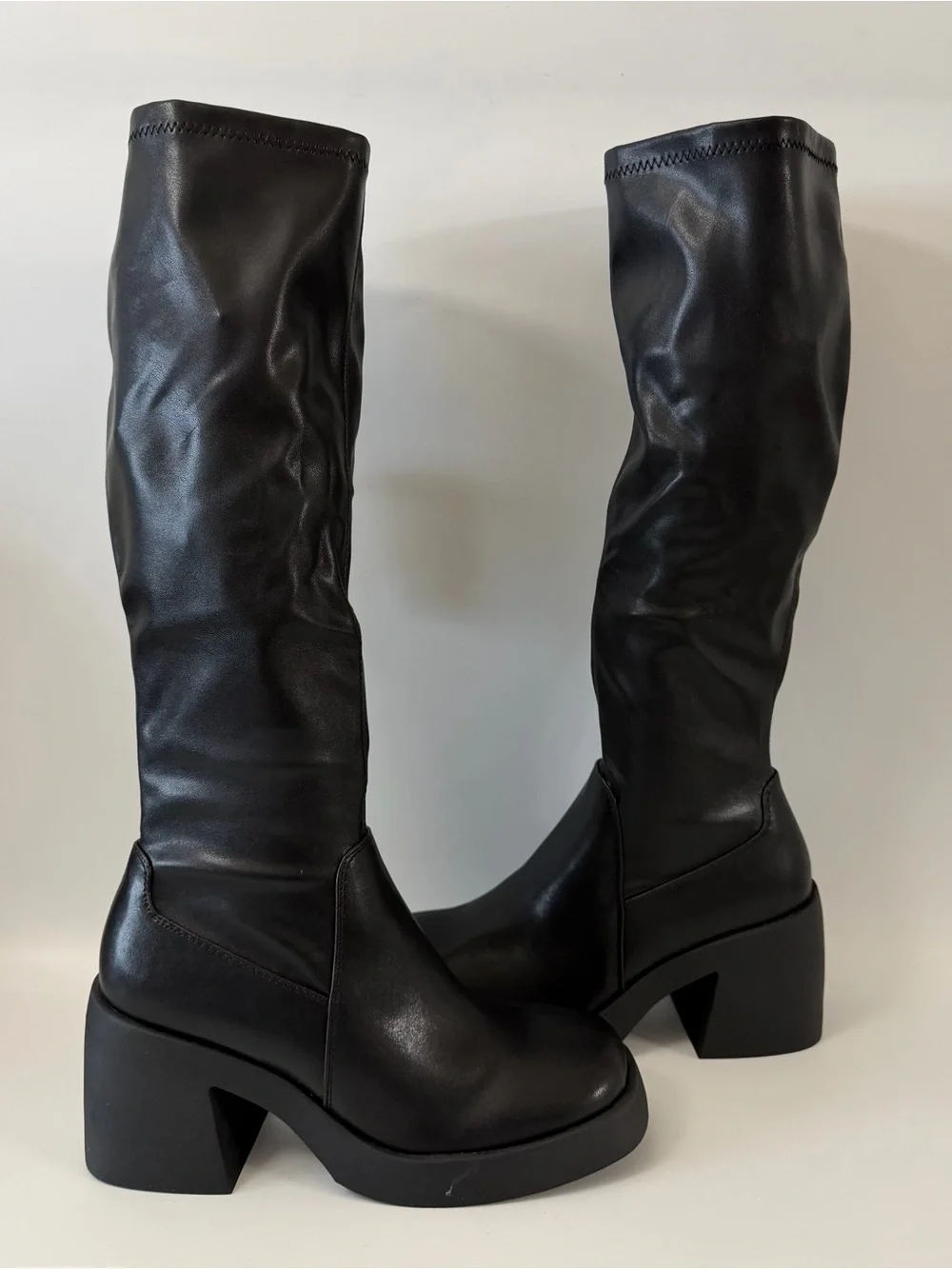 Madden NYC Black Knee High Boots Women Size 9 Block Heel Faux Leather